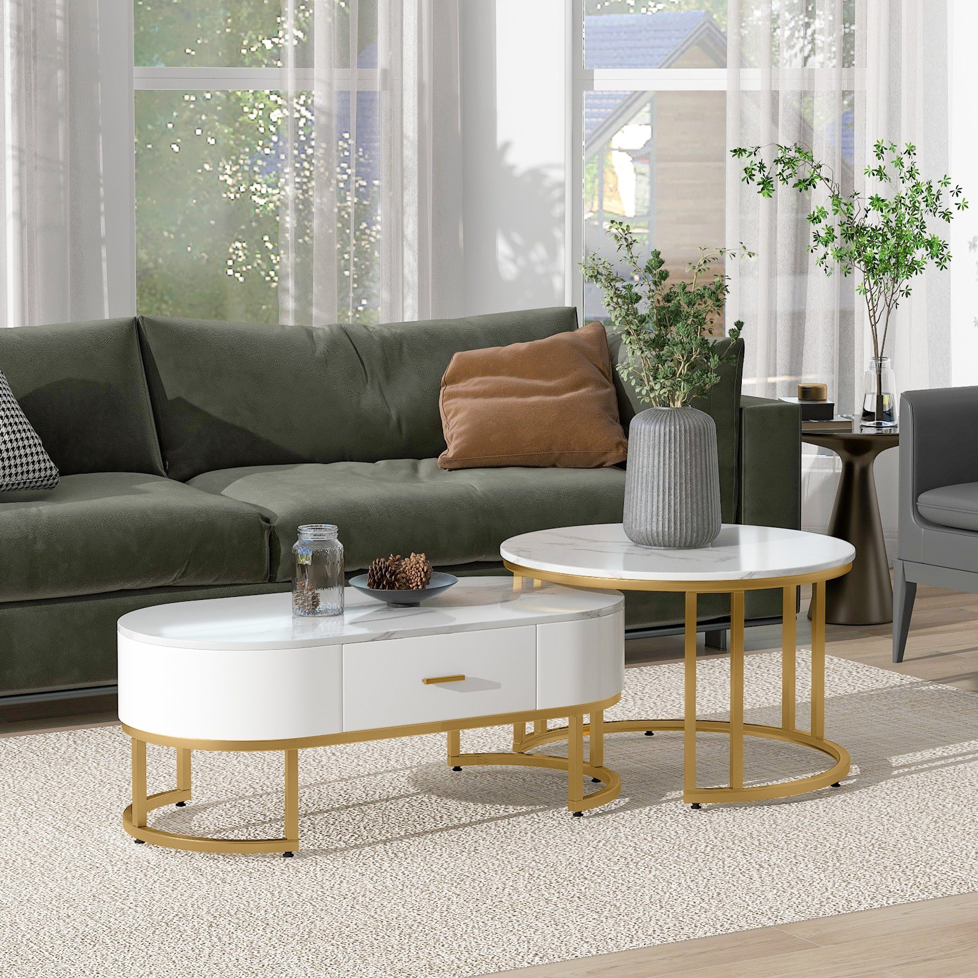 Merax Couchtisch aus Holz mit Schublade und goldenem Stahlrahmen (2-St), Satztisch in Marmoroptik, Wohnzimmertisch 2er Set, Industrial