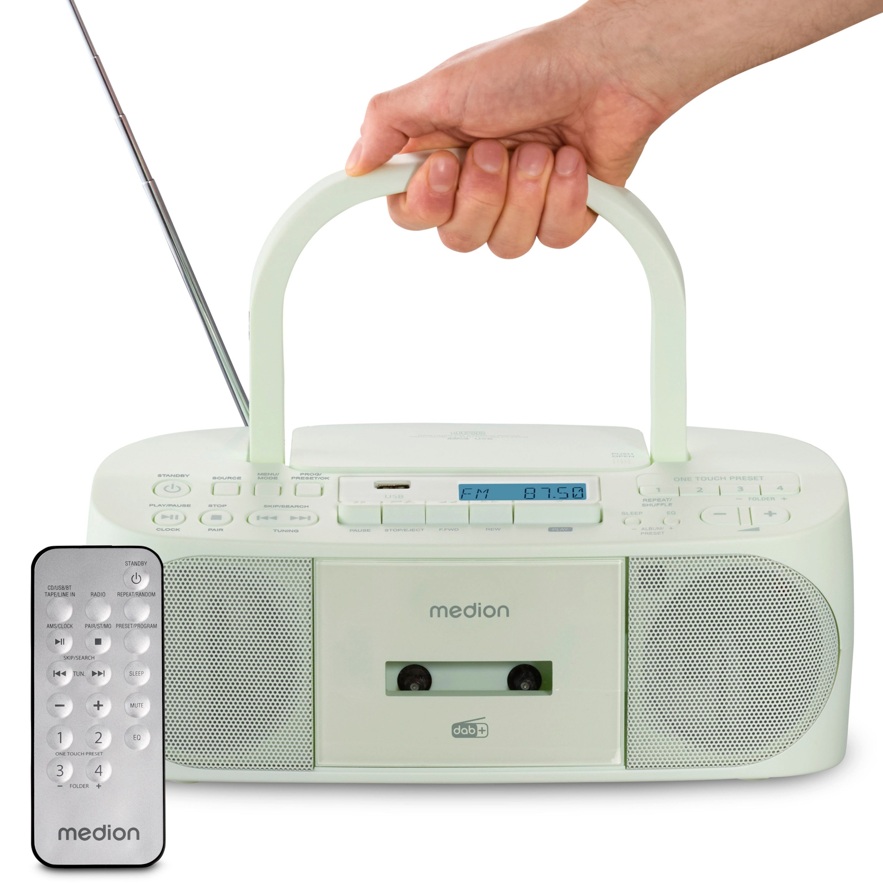 Medion® Boombox MEDION® LIFE® DRX-1 Plus (MD400003) CD-Radiorecorder (AM- / FM- Tuner, MW / UKW mit RDS, 3 W, Bluetooth® 5.4, AUX-In, Batteriebetrieb: 6 x 1,5 V, Kopfhöreranschluss)