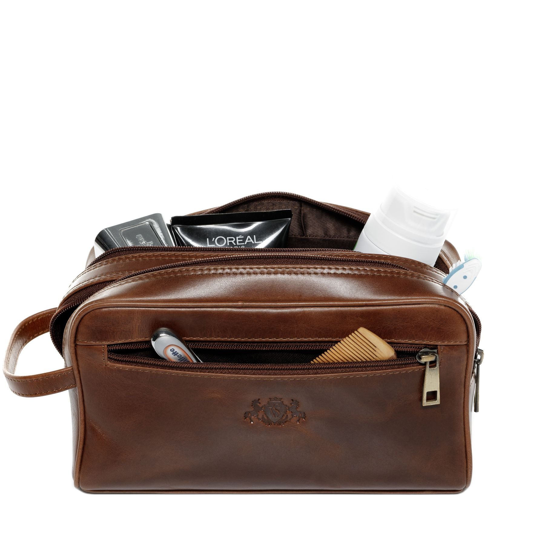 SID & VAIN Kulturbeutel echt Leder Kulturtasche groß hell-braun, Waschbeutel Echtleder für Herren, Kosmetiktasche vintage hellbraun