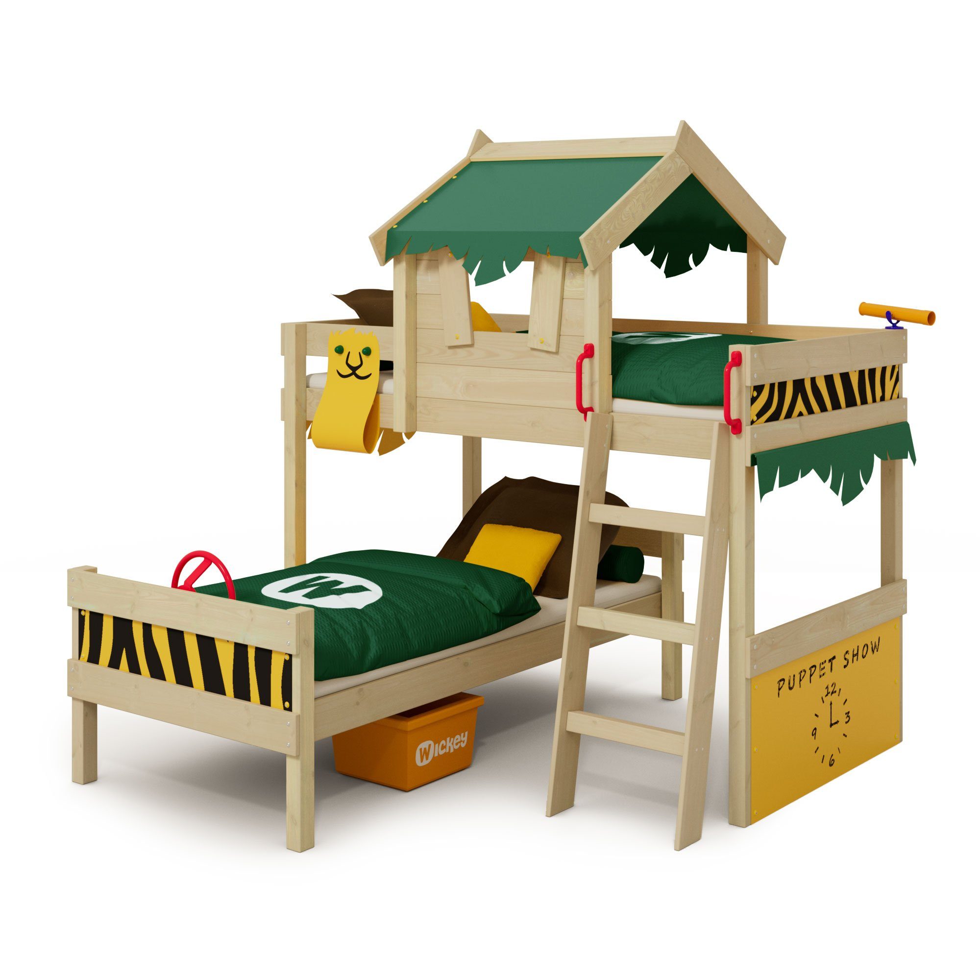 Wickey Kinderbett Crazy Jungle, Spielbett, 90 x 200 cm Hochbett (Holzpaket aus Pfosten und Brettern, Spielbett für Kinder), Massivholzbrett grün/gelb