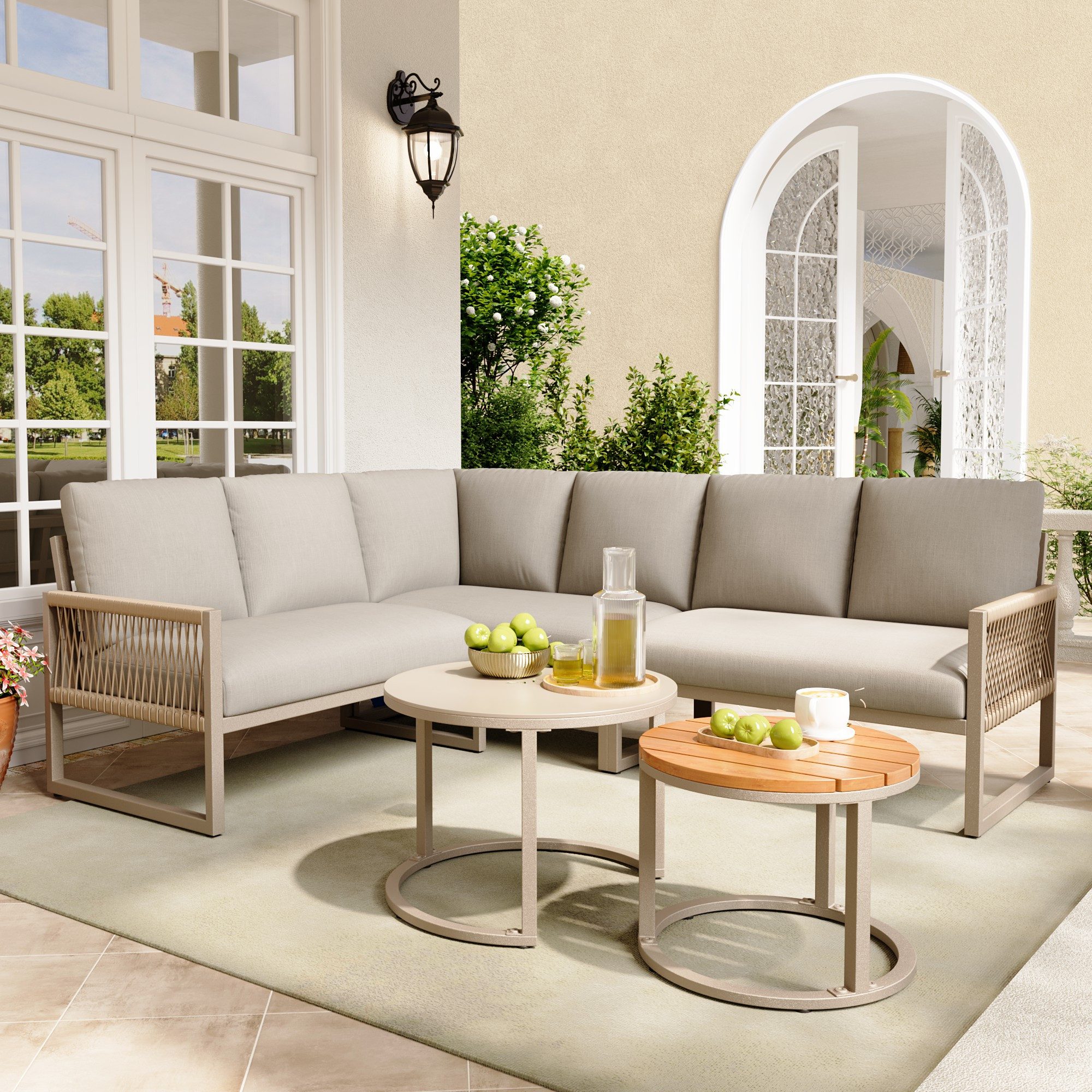 REDOM Gartenlounge-Set Modernes Gartenmöbelset,mit verzinktem Eisengestell, (für 6-7 Personen, wetterfestes Ecksofa mit 2 Tischen, ergonomische Sitzkissen, verzinktes Eisengestell., 5-tlg), mit Relaxfunktion