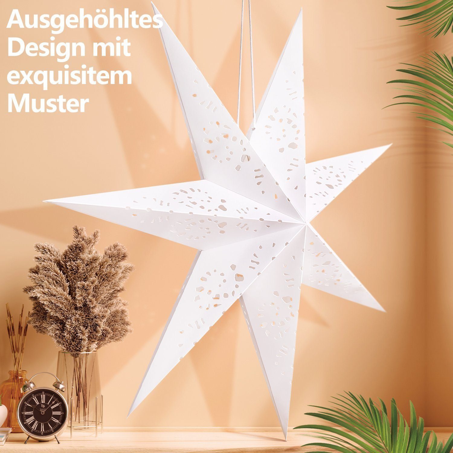 Quntis LED Stern weihnachtsstern beleuchtet, 70CM weihnachtsstern papier, Fensterbilder, Weihnachtsdekoration, Beleuchtung, LED, Warmweiß, lichterkette für Inne – Bild 5 von 5