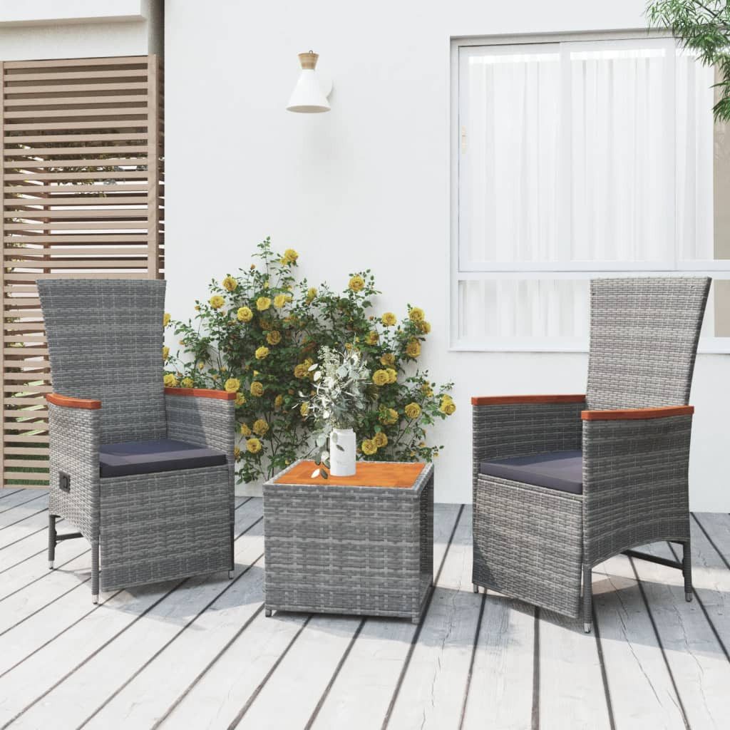vidaXL Gartenlounge-Set 3-tlg. Garten-Lounge-Set Grau Poly Rattan & Massivholz, (3-tlg)