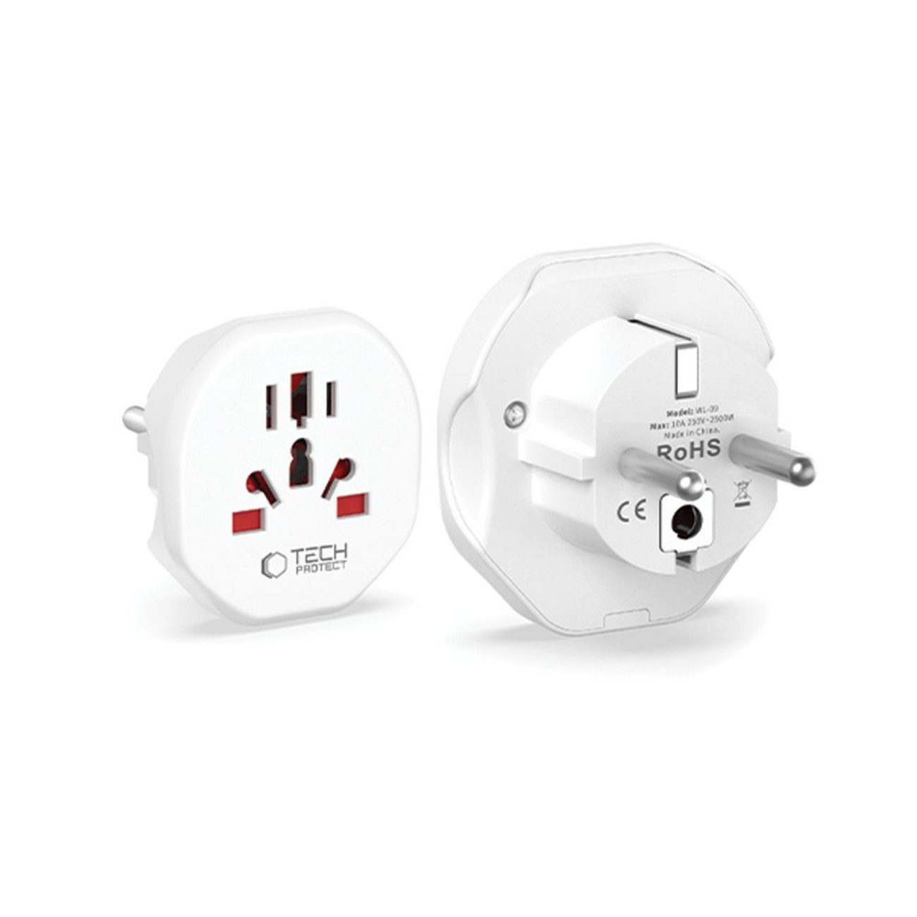 TECH PROTECT WL-09 Reiseadapter US-Stecker Typ A, UK-Stecker Typ G, AU-Stecker Typ I, CN-Stecker Typ I / II, FI-Stecker Typ E zu EU-Steckdose Typ F, Universeller Reiseadapter mit Überspannungsschutz und 2500 W Leistung
