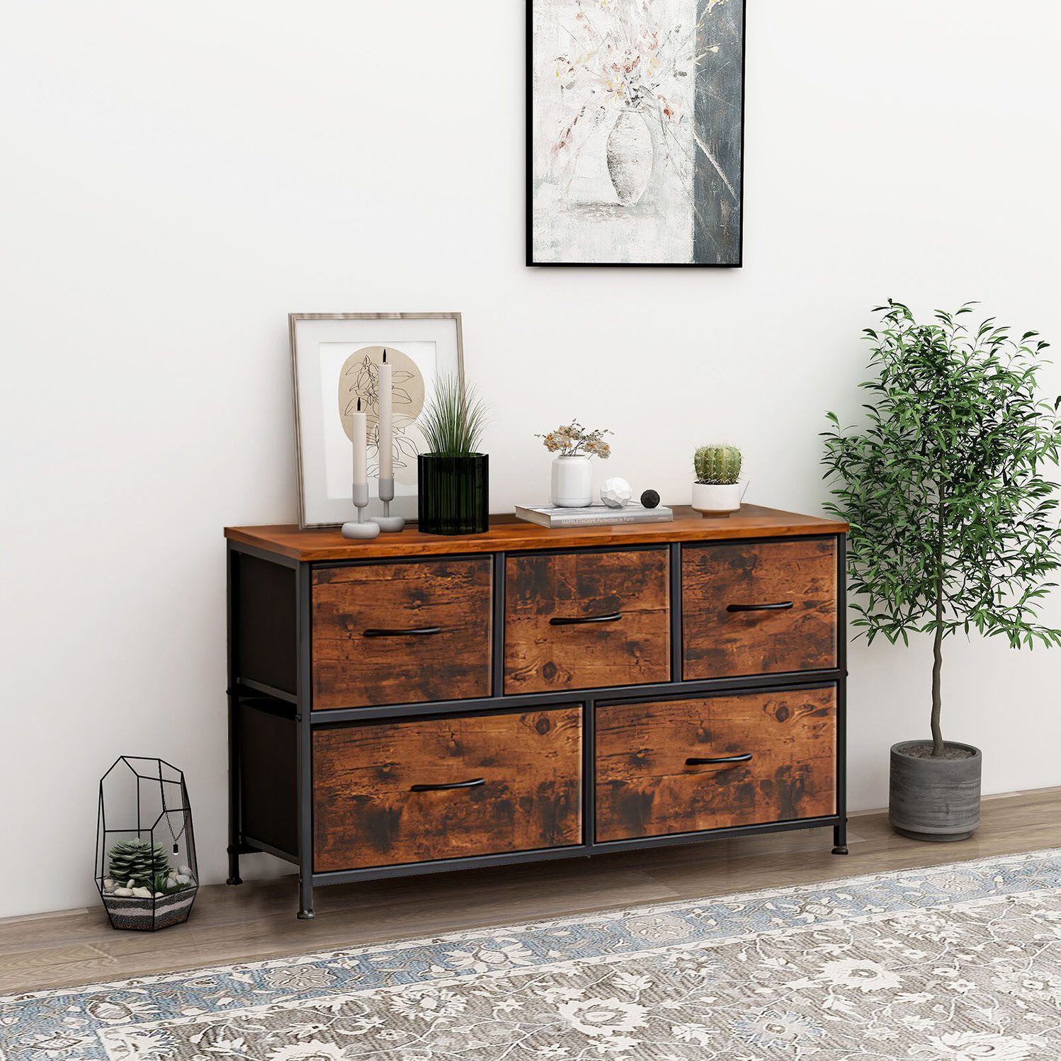 Refined Living Kommode Schubkastenkommode mit 5 Schubladen Stoffkommode stabilem Stahlrahmen (Sideboards mit Holzplatte und leicht zu ziehendem Griff für Schränke, Große Kapazität, Aufbewahrung von Kinder- und Erwachsenenkleidung), wasserdicht Geeignet für Wohnzimmer, Kinderzimmer, Flur, Schlafzimmer