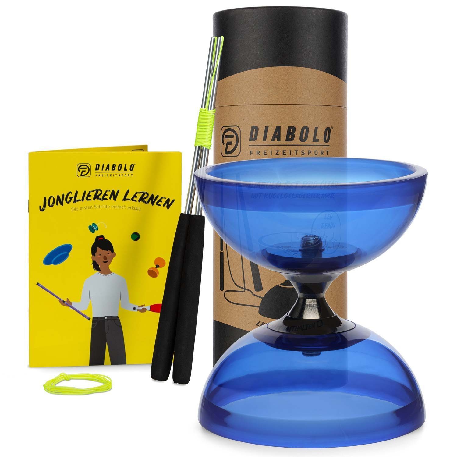 Diabolo Freizeitsport Diabolo Set Pro Clear UV - inkl. Alu-Handstäben, Ersatzschnur, Anleitung, (1-tlg), Diabolo (blau) mit Freilauf & transparenten Halbschalen ab 5 Jahren