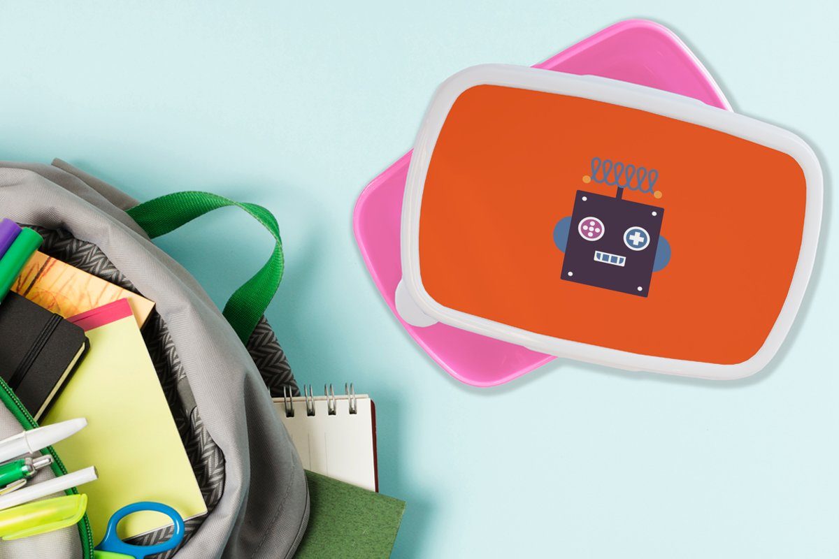 MuchoWow Lunchbox Roboter - Rot Kinder, Brotdose (2-tlg), Mädchen, Formen - Kinder, Brotbox Snackbox, Erwachsene, für Gesicht Kunststoff, - Kunststoff Jungen - - rosa