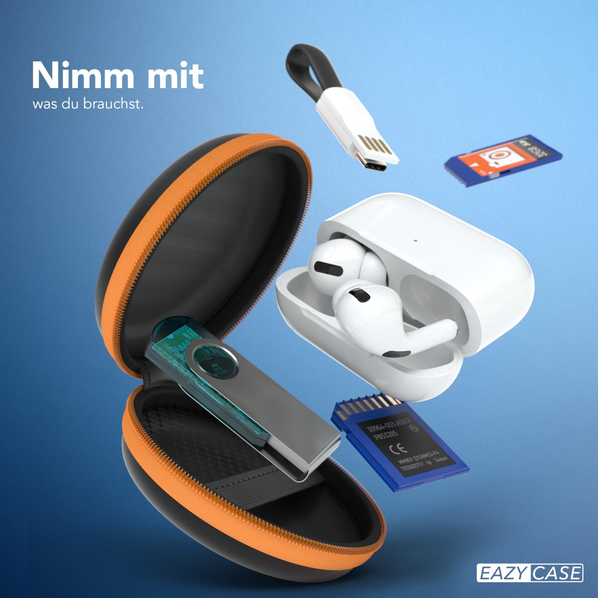 EAZY CASE Kopfhörer-Schutzhülle Universal Tasche für In-Ear Kopfhörer mit Netzfach, Cover für Kopfhörer Reißverschluss rundum Schutz Netzfach rund Orange