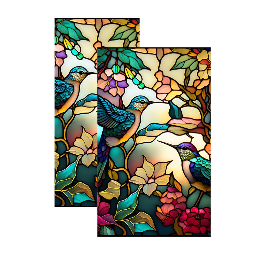 GarveeMore Fenstersticker PVC-Farbglas Glas Fensterfolie Aufkleber Nicht klebend Abnehmbar Bunt, 45/60*100cm Floral Retro Bunte Kolibri Blume Glasmalerei Fenster Film
