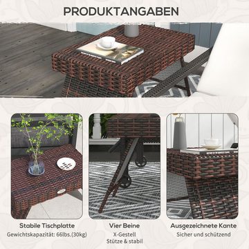 Outsunny Beistelltisch Rattan Gartentisch Klapptisch wetterfester Campingtisch (Couchtisch, 1-St., Kaffeetisch), für Garten, Balkon, Braun, 60 x 41 x 41 cm