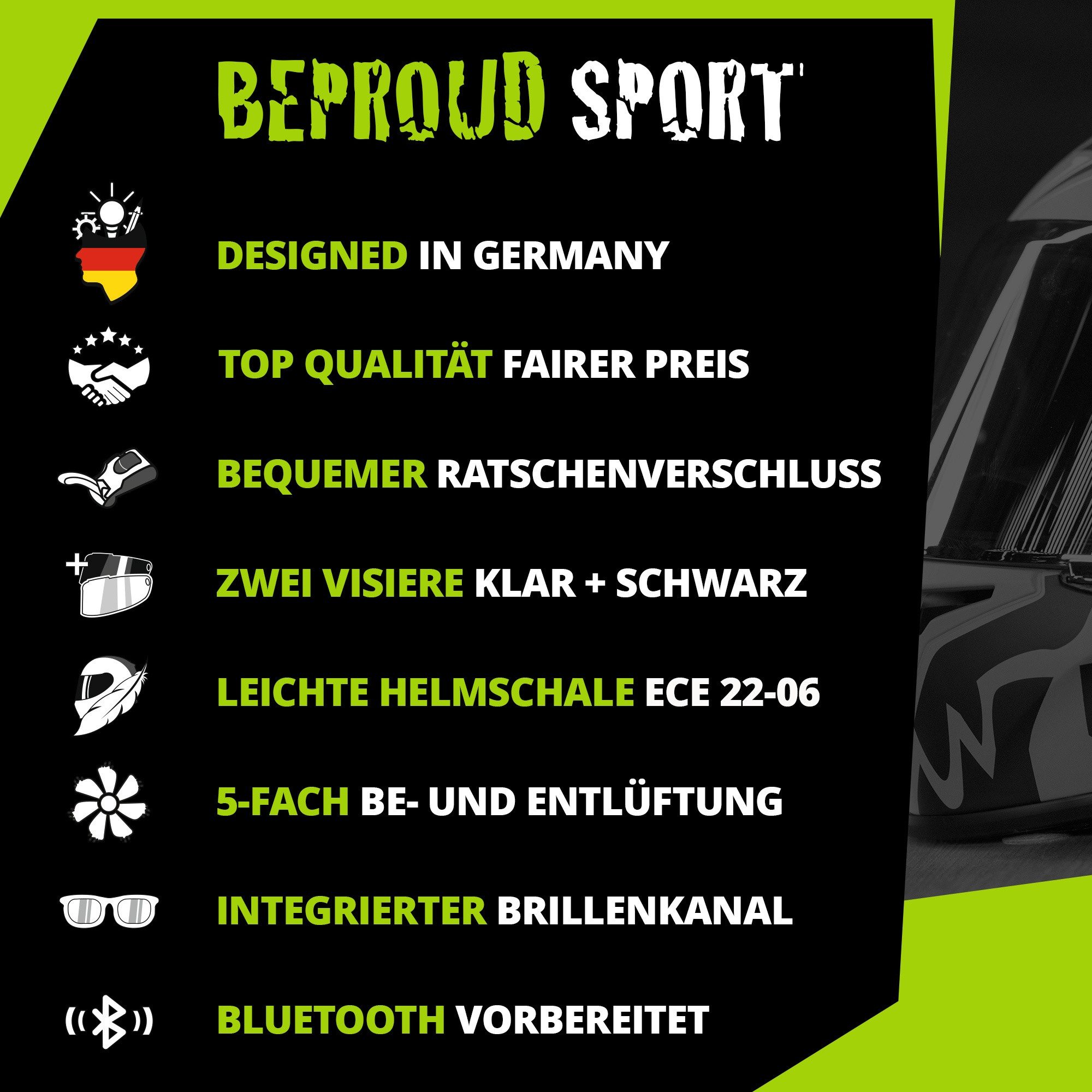 Broken Head Motorradhelm BeProud Sport Black (Mit Schwarzem Visier), Hochwertiges Design