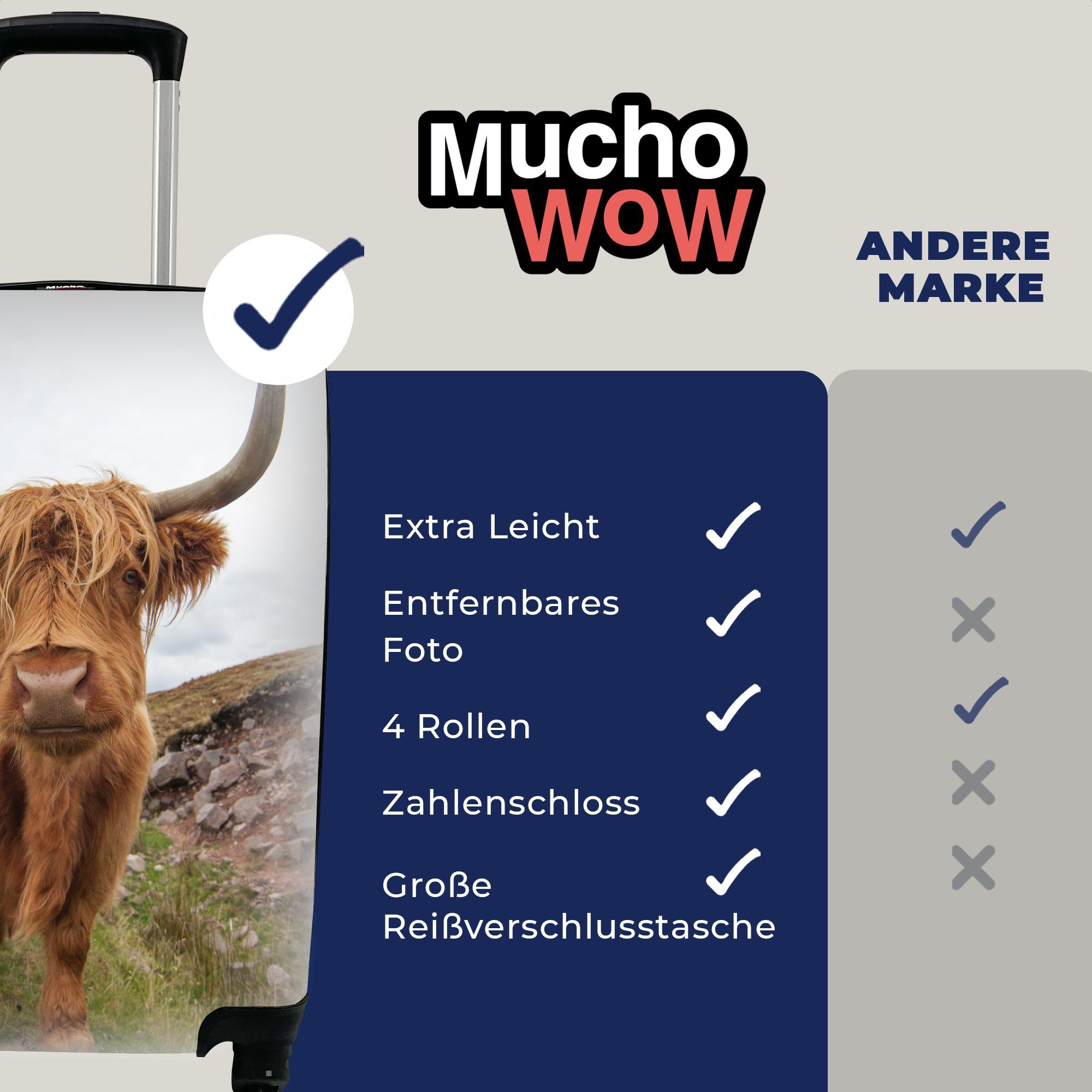 MuchoWow Handgepäckkoffer Reisetasche rollen, 4 Trolley, Landschaft, mit Rollen, Kuh für - Reisekoffer Hochländer - Ferien, Handgepäck Schottischer