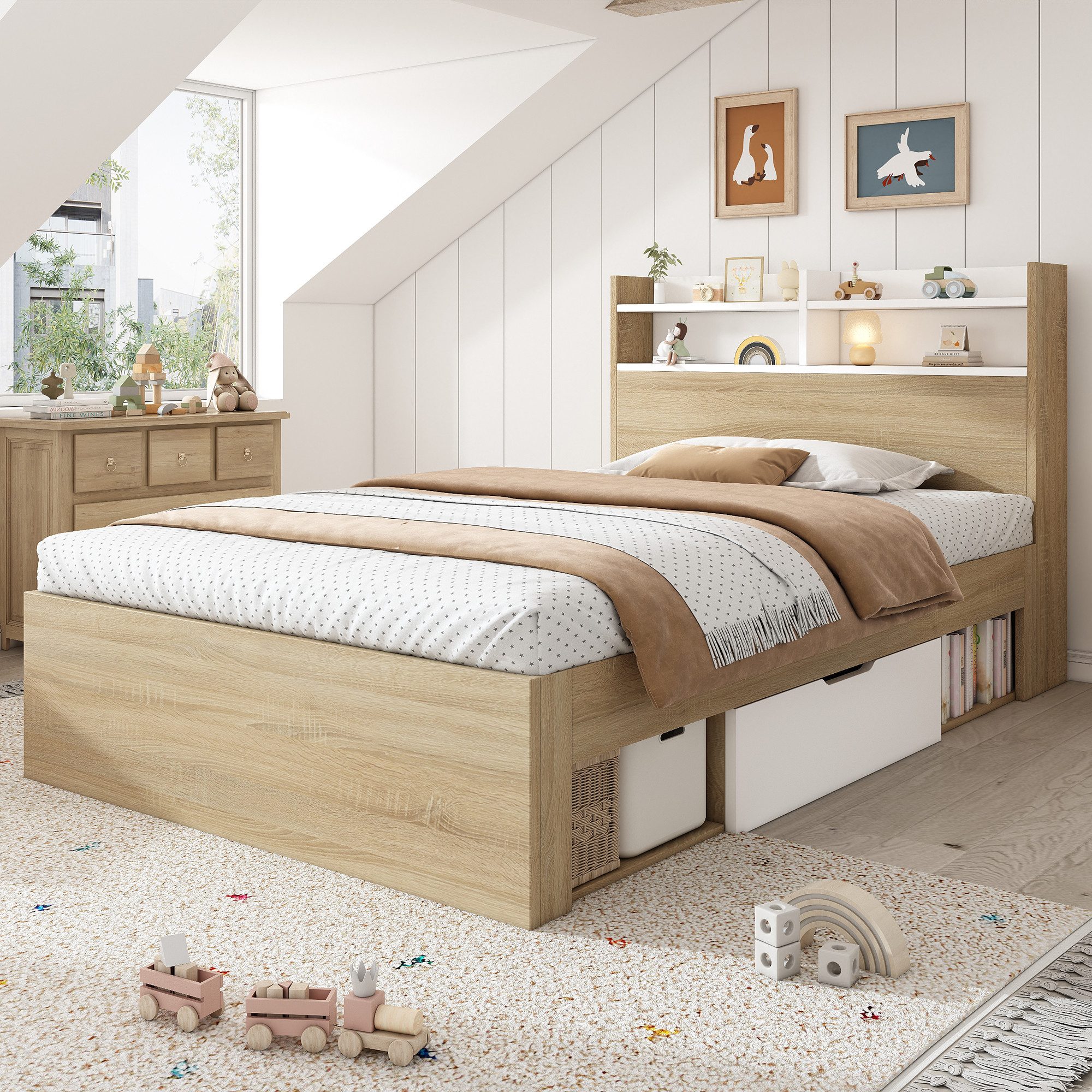 HAUSS SPOLE Polsterbett 90x190 mit Bettkasten,Jugendbett Holzbett mit Schubladen&Fächern (Holzbett, Funktionsbett, 1-tlg., mit Kopfteil-Ablage, 2 Schubladen & offenen Fächern), teilweise Massivholz, platzsparendes Stauraumbett (ohne Matratze)