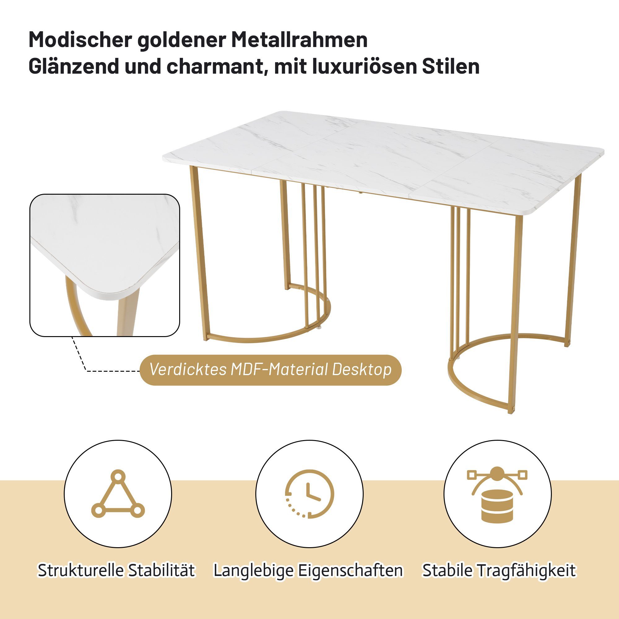 Esstisch (140x80x75 cm, nur Tisch), rechteckig Küchentisch Marmoroptik Esszimmertisch, Metallbeine