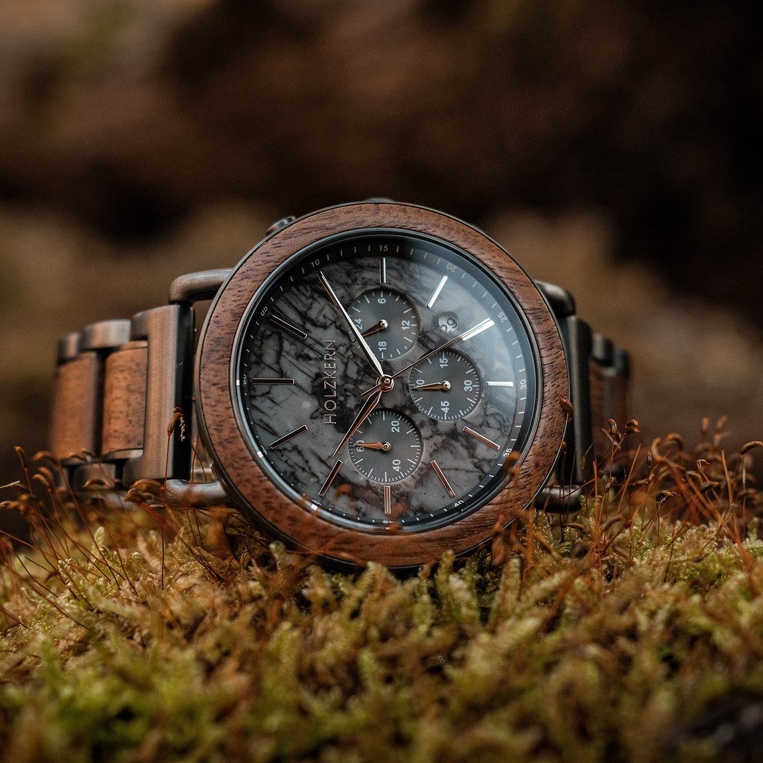 Holzkern Quarzuhr 9120078335116, Herrenuhr Quarz Chronograph Askja Walnuss/Marmor