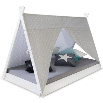 Homestyle4u Kinderbett mit Matratze Hausbett TIPI 90x200 Weiß Grau Bettkasten Vorhang Sterne