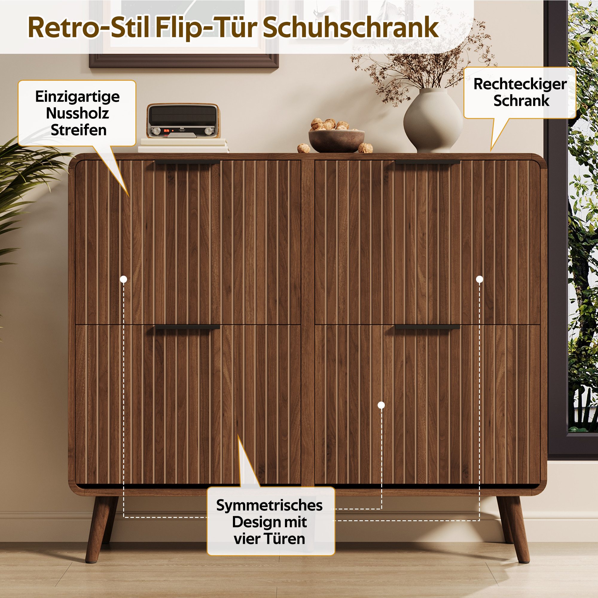 Merax Schuhschrank in Holzmaserung-Optik, Flurschrank mit Massivholzbeinen (105 x 24 x 90 cm, 1-St., Schuhregal für 18–24 Paar Schuhe) Schuhkommode mit Klapptür – Bild 5 von 5