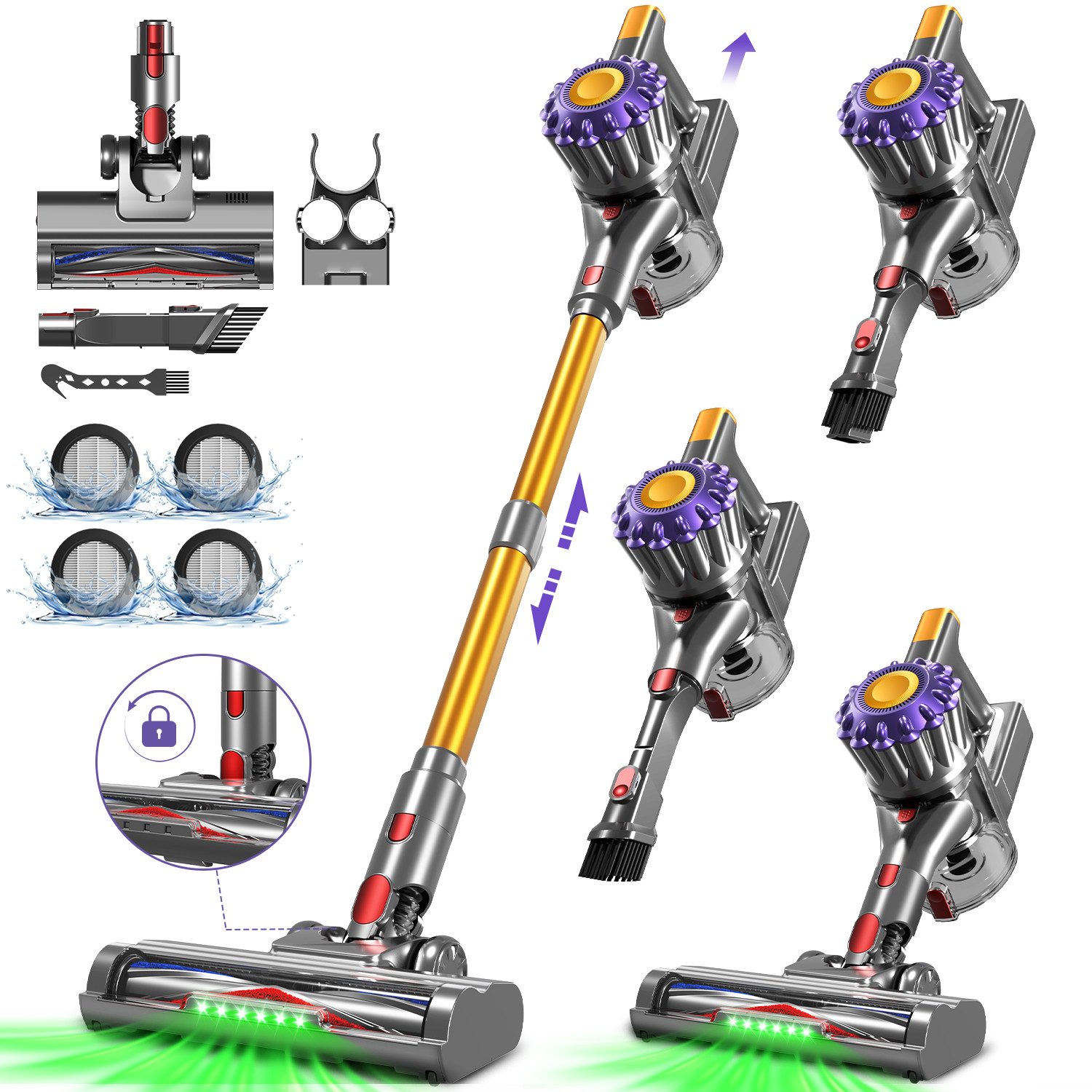 Adormii Akku-Hand-und Stielstaubsauger Akku Staubsauger,Staubsauger Kabellos 50kPa/60Min,GreenEye-Technologie, beutellos, Selbststehendes Design,Staubsauger für Tierhaare,Teppich und Hartboden