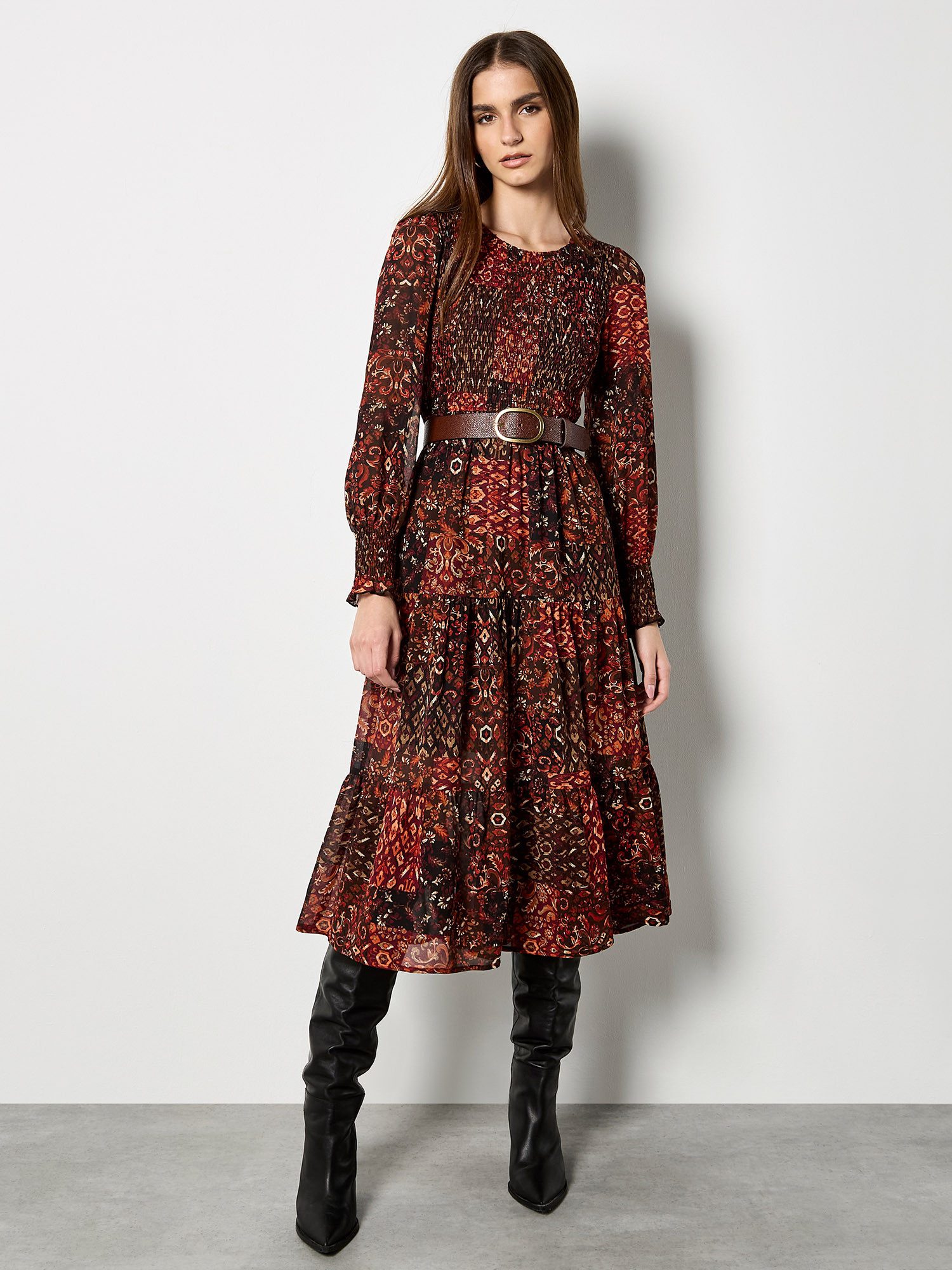 Apricot Druckkleid Midikleid mit Ikat-Muster