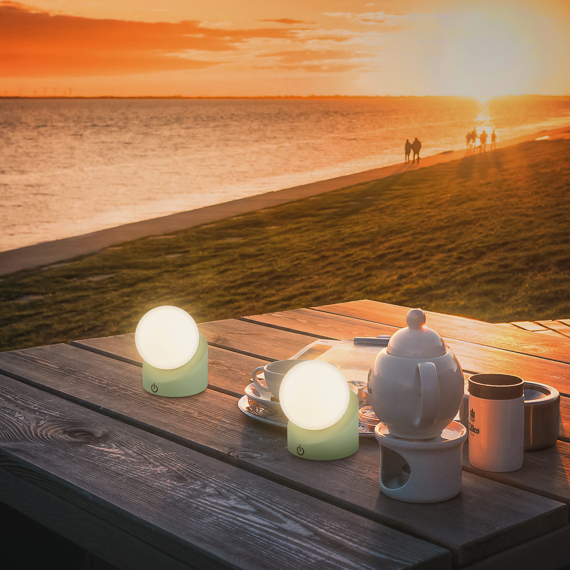 Briloner Leuchten LED Außen-Tischleuchte SORA, Dimmfunktion, LED fest integriert, Warmweiß, kabellos 10x8x9cm Lindgrün 2W Kinderzimmer Flur Outdoor Aussen 2er-Set