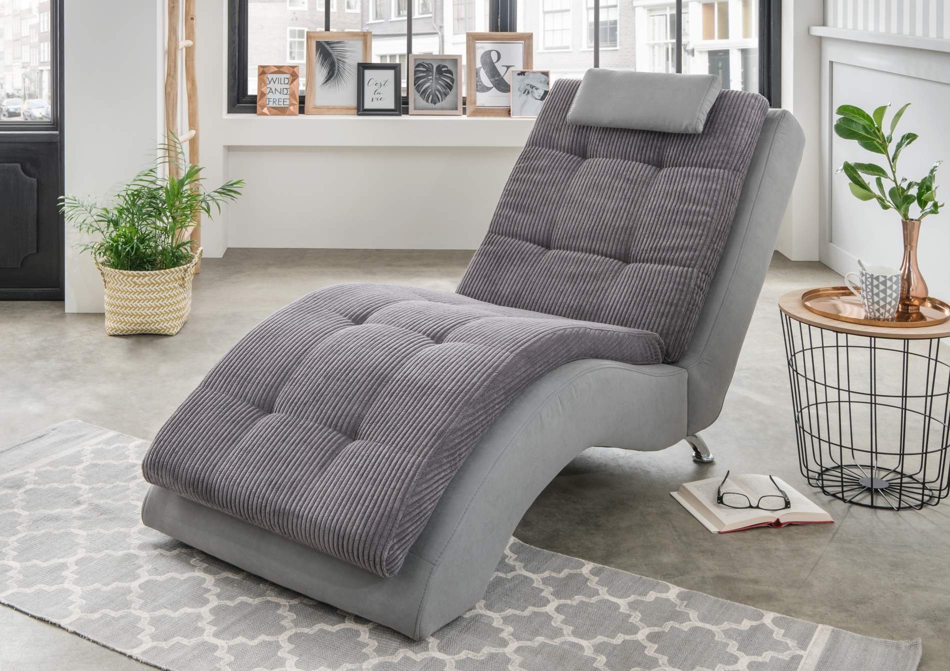 Trendmöbel24 Relaxliege Liege Relaxliege Polsterliege VARESE Stoff Cord Grau inkl. Kopfkissen