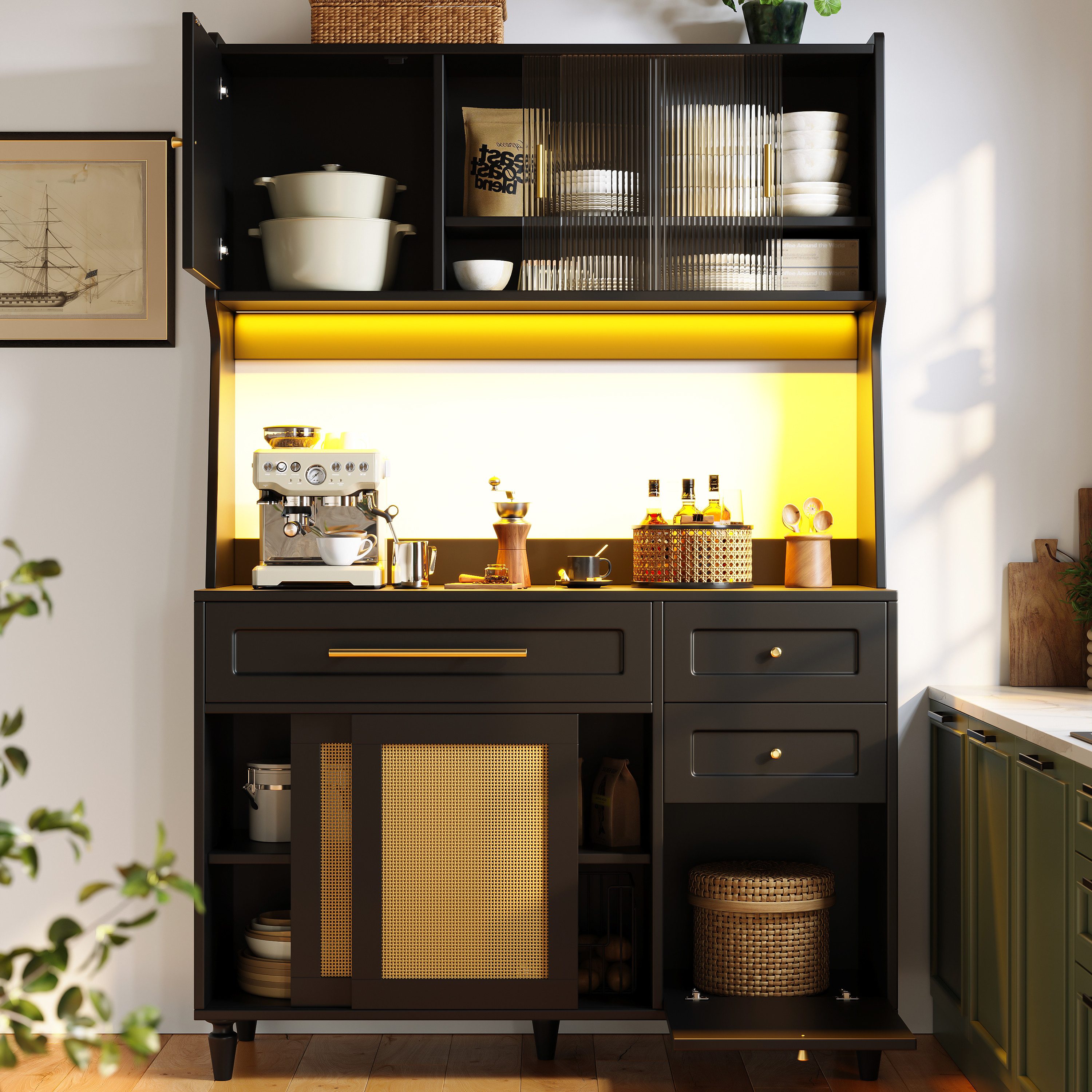 Flieks Küchenbuffet mit LED-Beleuchtung, Schubladen, Glas-&Rattan-Schiebetü günstig online kaufen