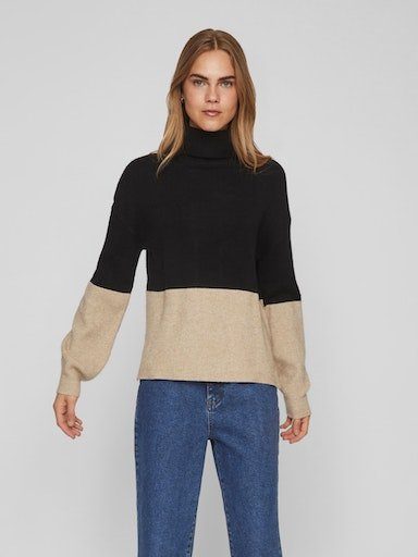 RIB Black ROLL-NK Vila Optik in VIRIL KNIT Colorblock Rollkragenpullover MELANGE BLOCKING TOP-NOOS L/S Detail:NATURAL