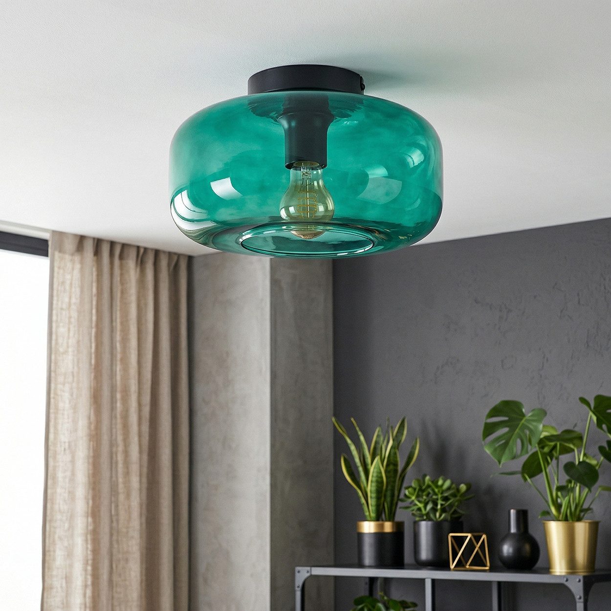 hofstein Deckenleuchte Deckenlampe aus Metall/Glas in Schwarz/Dunkelgrün, ohne Leuchtmittel, Deckenleuchte im Retro/Vintage-Design, Ø 28 cm, Höhe 17 cm, E27