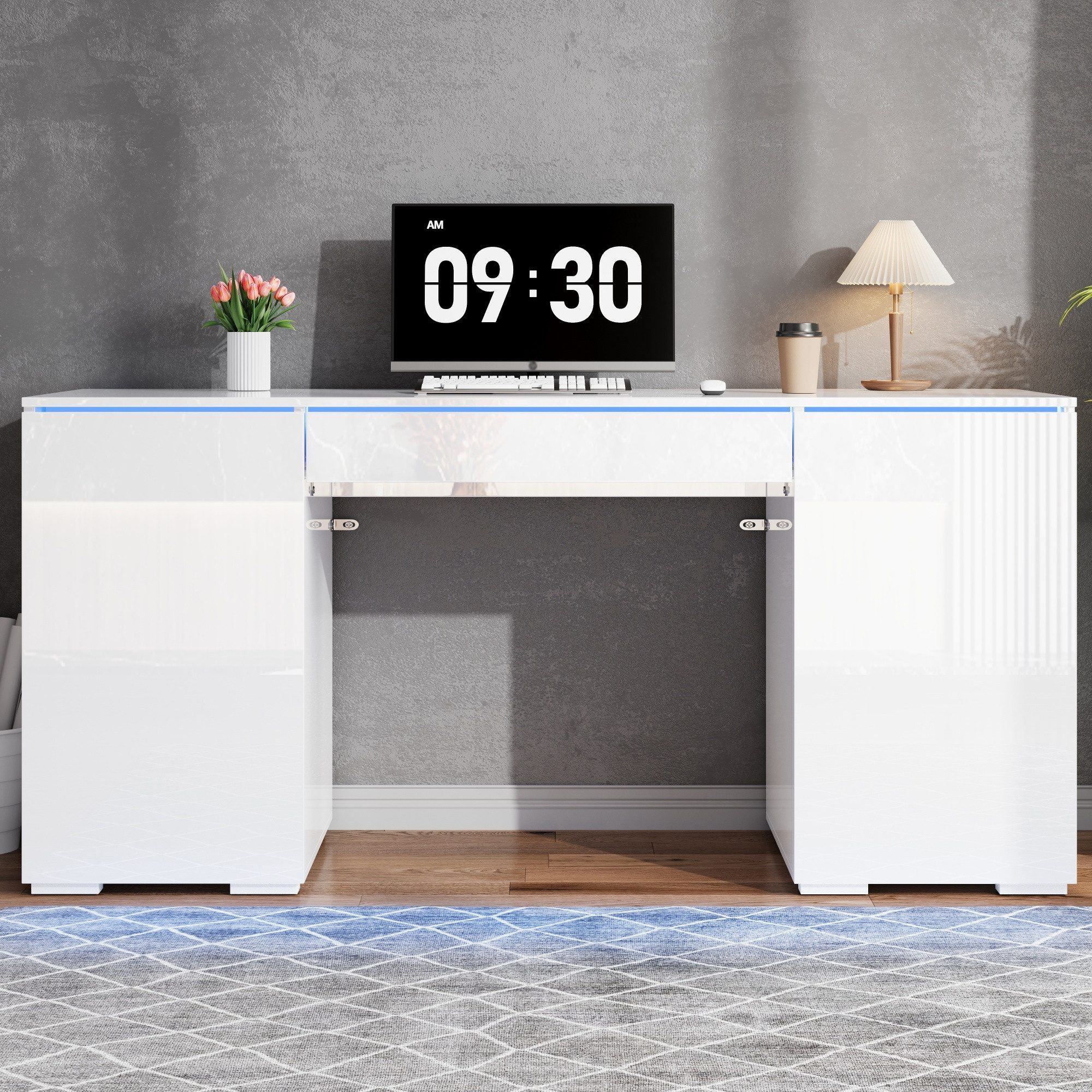BlingBin Schreibtisch Computertisch mit Hochglanz-Arbeitsfläche,integrierter LED-Beleuchtung (1er Set, 1-St., 140×50×78 cm), Stauraum mit 1 Schublade und 2 Türen für Homeoffice & Schlafzimmer