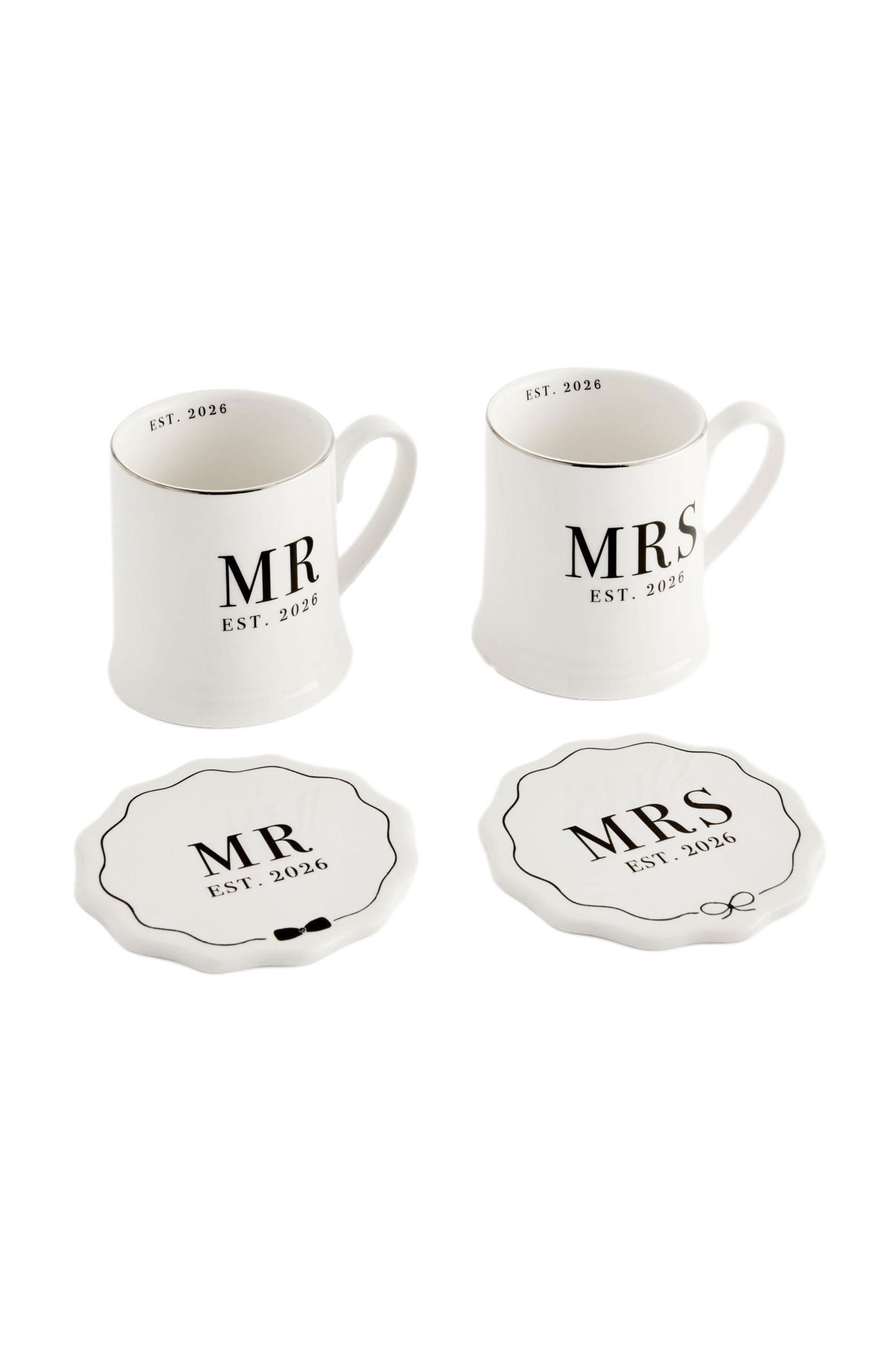 Next Becher Est in 2026 Hochzeitstassen mit Untersetzer, Set, 1-tlg., Steingut