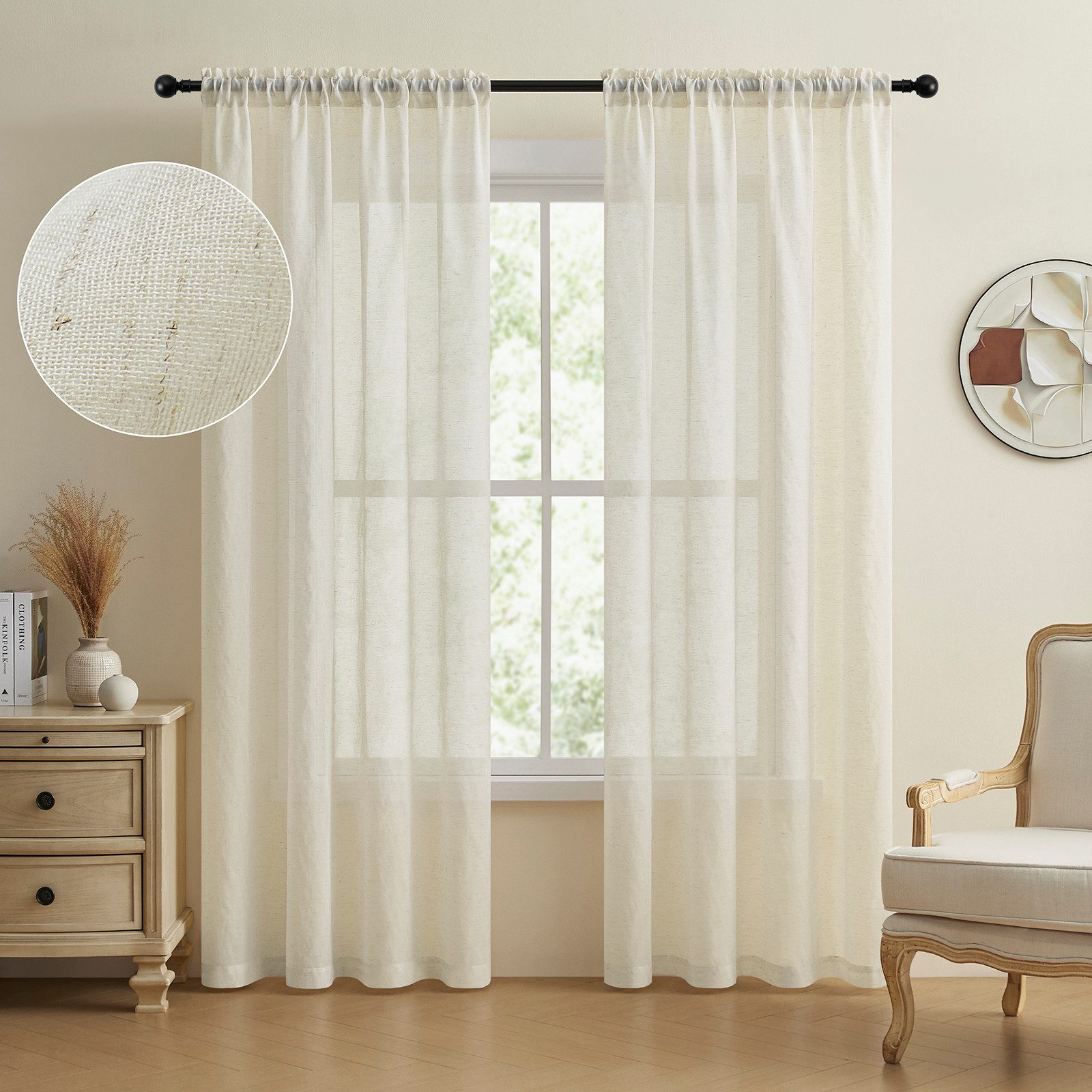 Qelus Vorhang Leinen-Voile Gardinen mit Struktur, lichtdurchlässig, 2er Set aus 30 % Flachs, Dual Rod Pocket für Schlafzimmer