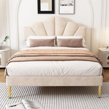 SEEZSSA Polsterbett Muschelartiges Bett aus Samt mit goldenen Eisenbeinen, (140x200 cm Betten Beigemit höhenverstellbares Kopfteil,Beige), Schlafzimmerbetten für Jugendliche und Erwachsene