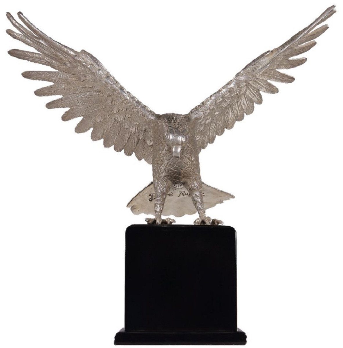 Casa Padrino Dekofigur Luxus Bronzefigur Adler Silber / Schwarz 40 x 20 x H. 37 cm - Versilberte Bronze Skulptur mit Sockel - Schreibtisch Deko - Wohnzimmer Deko - Luxus Qualität