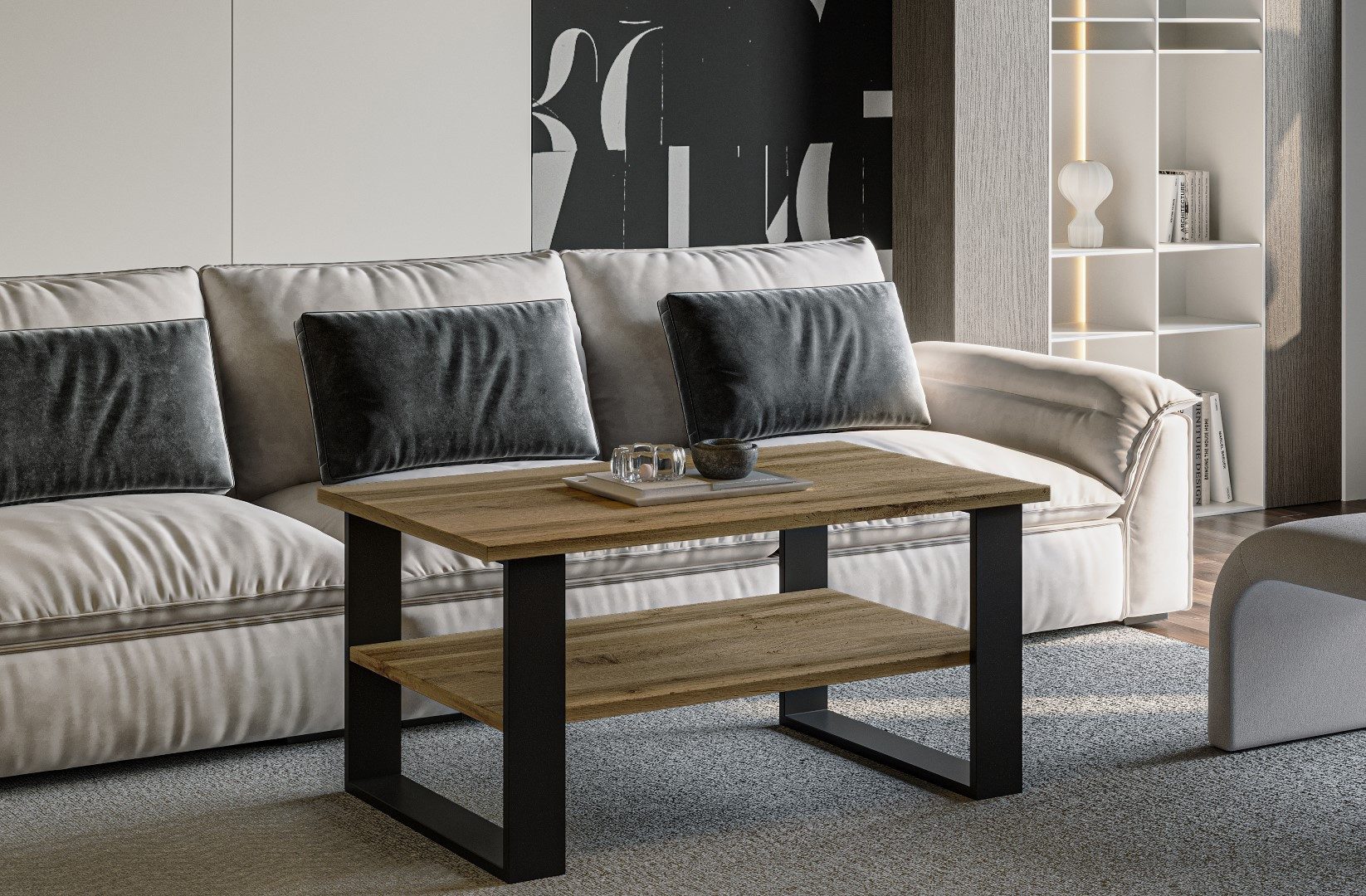 Endo-Moebel Couchtisch Inga 110/65/53 cm Wohnzimmertisch Metallkufen schwarz, Robust, Nachbildungsfurnier, Metallkufen, Ablagefach, 25mm, zerlegt