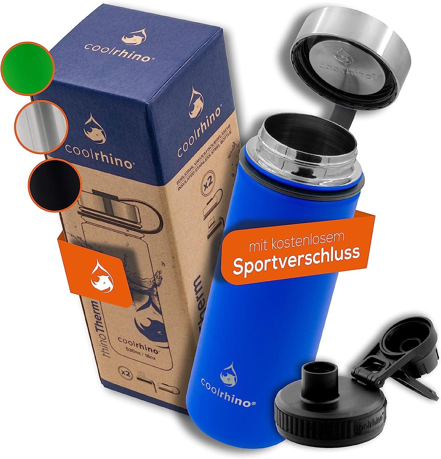 coolrhino Isolierflasche rhinoTherm Edelstahl Trinkflasche 530 ml / 950 ml, Kohlensäure geeignet, BPA-frei Thermosflasche doppelwandig