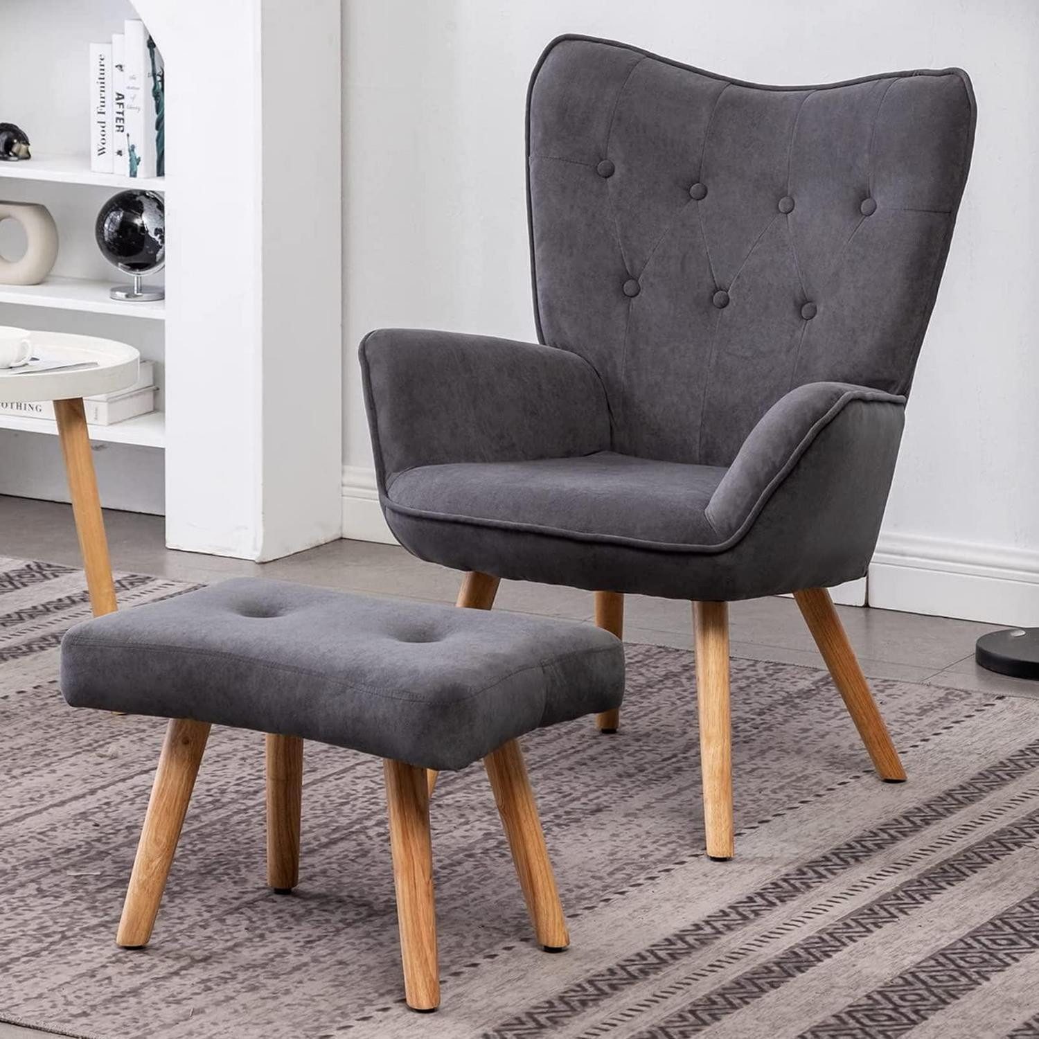 LuxusKollektion Ohrensessel Sessel Ohrensessel Hocker Samt Relaxsessel Dunkelgrau sessel (1-St)
