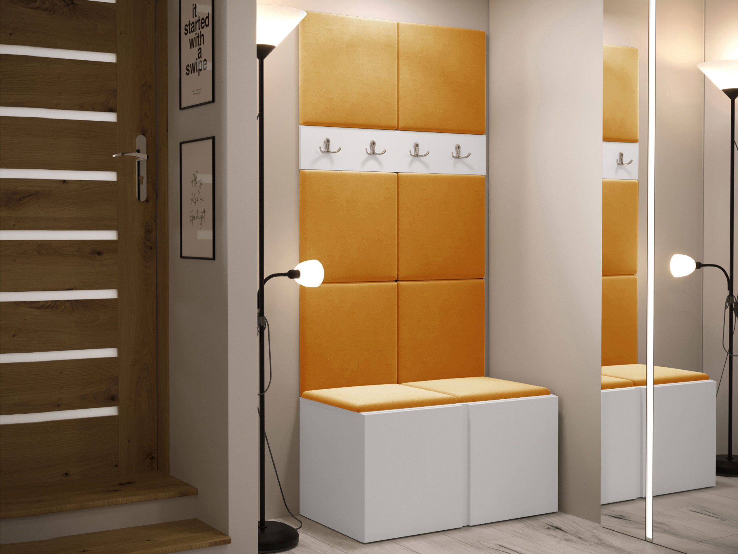 MIRJAN24 Garderoben-Set Orion IV, (Komplett-Set, mit Schuhschrank, Kleiderhakenbrett, Gepolstertes Paneel 8x 42x42), Auswahl aus Fronten und Polsterplatten