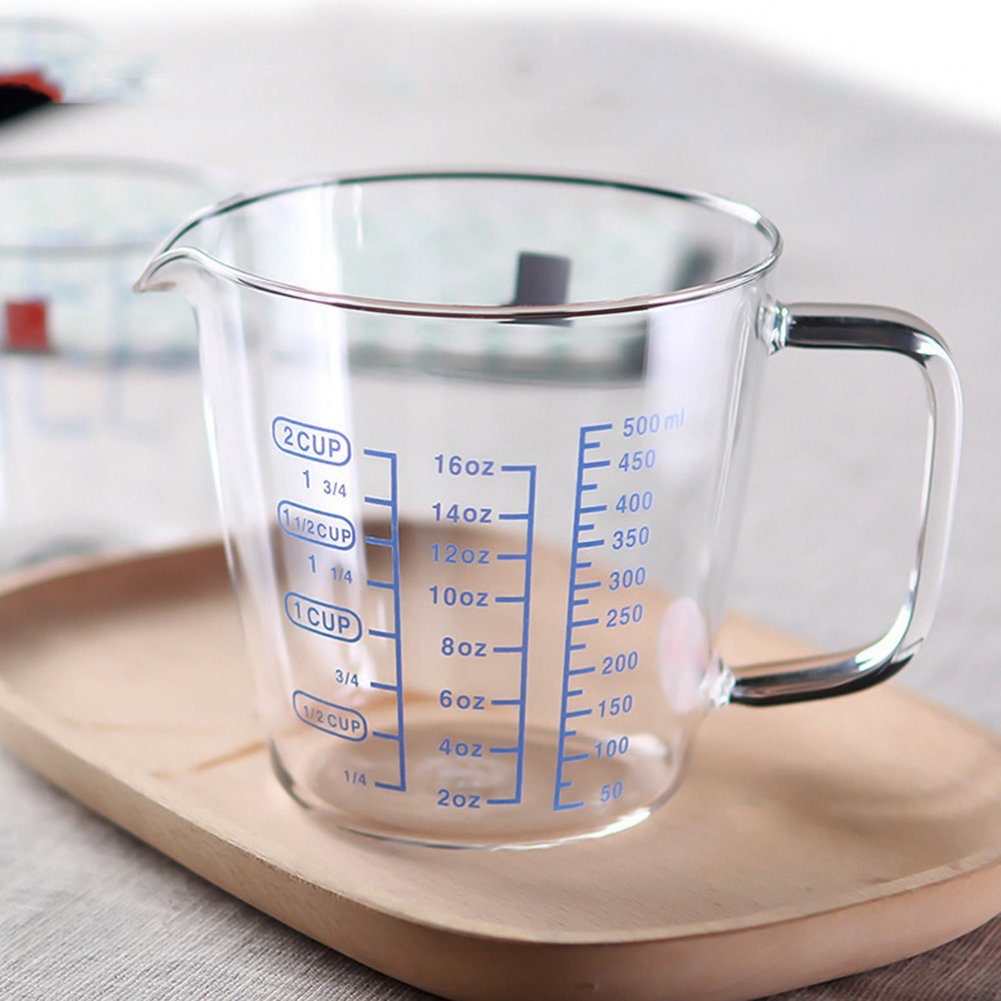 Rutaqian Messbecher Glas Messbecher,250 ml,Skalierung Transparent-250ml hitzebeständig,mit transparent, Liter,Milliliter,Maßkanne, für Skala Griff, ml/500