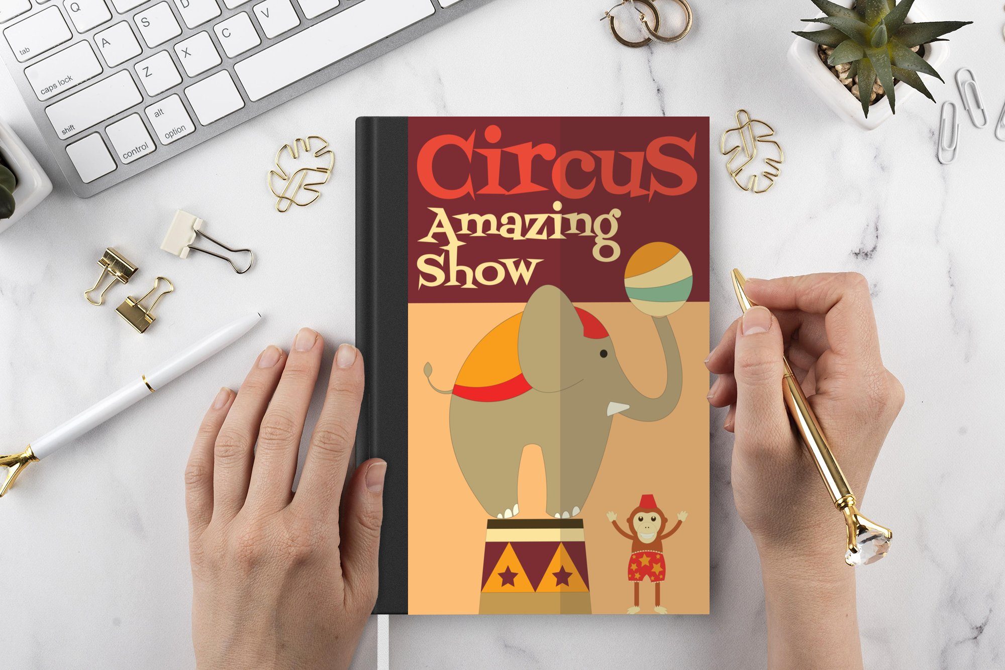 MuchoWow Notizbuch "Zirkus" rötlichem mit Haushaltsbuch Affe Journal, Elefant Merkzettel, Hintergrund, und auf A5, Seiten, Notizheft, Tagebuch, 98
