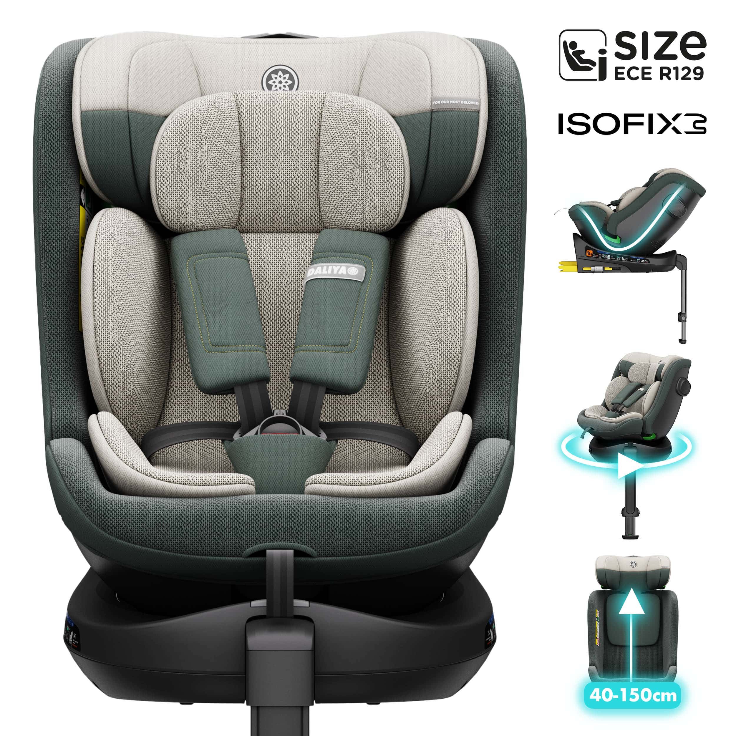 Daliya® Autokindersitz BRAVO i-Size Auto-Kindersitz, 360° drehbar, mitwachsend, atmungsaktiv, ab: ab Geburt, bis: bis 12 Jahre, ab: 40 cm, bis: 150 cm, (Neugeborenen-Set, 4-tlg), 8 Stufen Sitzneigung, verstellbare Kopfstütze, Stützbein, Belüftet