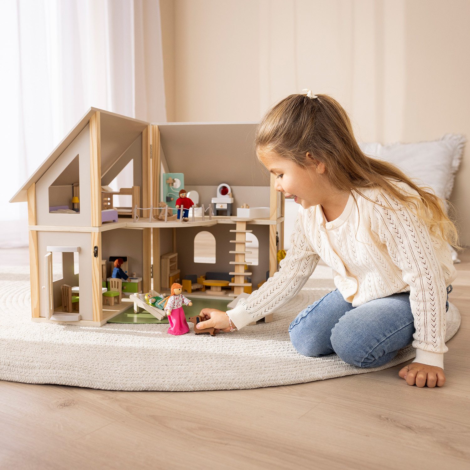 howa Puppenhaus, aus Holz klappbar inkl. 30tlg. Möbelset, 4 Puppen und Hund