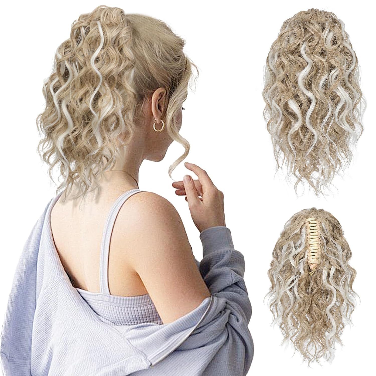 Zaewry Haarspange 31CM kurze Klauen Pferdeschwanz Haarverlängerung, gewellte, lockige Pferdeschwanz mit Kinnclip