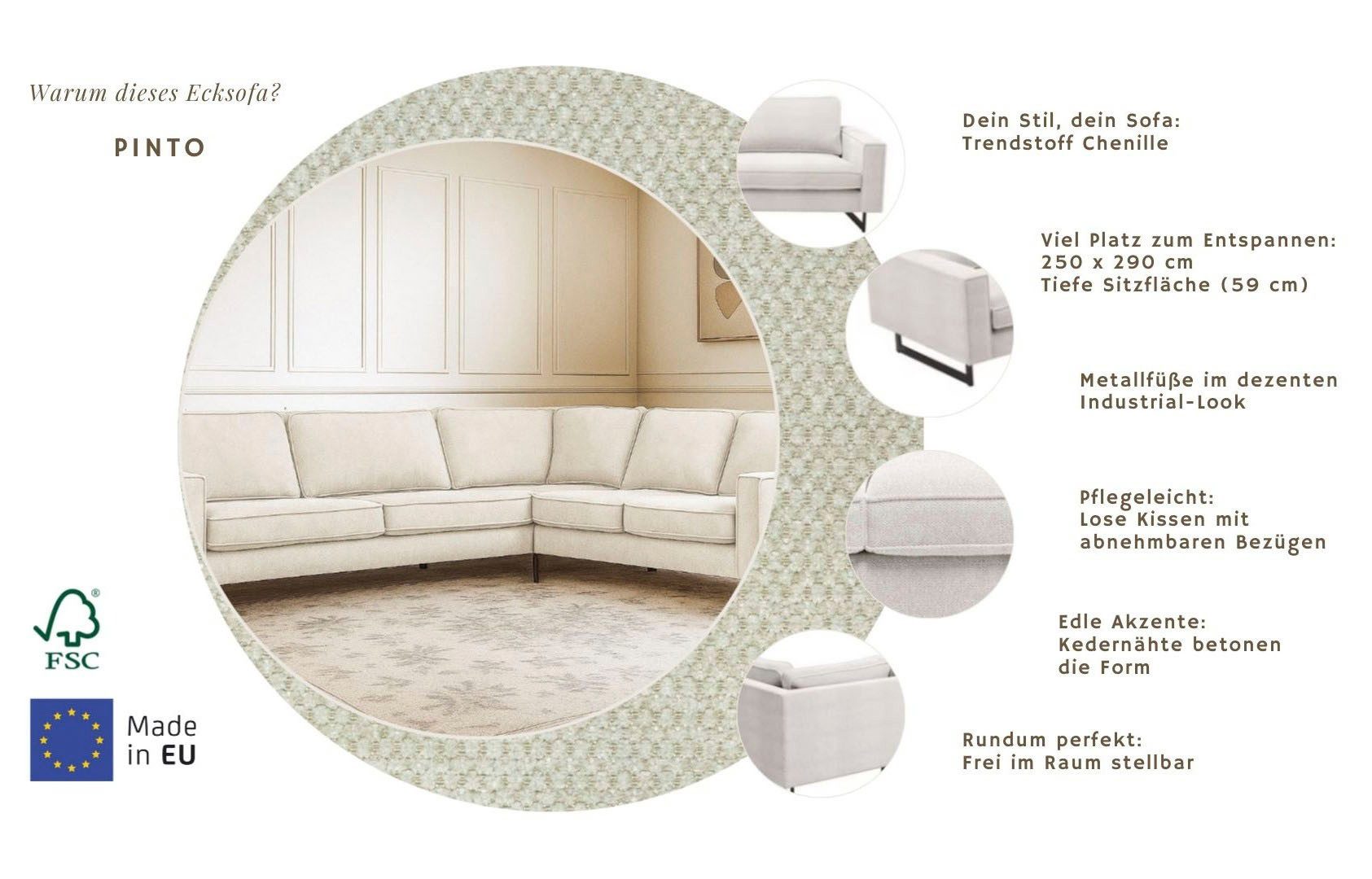 OTTO home Ecksofa Pinto, XXL, 250/290 cm, langer Schenkel, Ottomane, Cord, Chenille, Lederoptik, mit Keder, Metallfüße, Wellenunterfederung