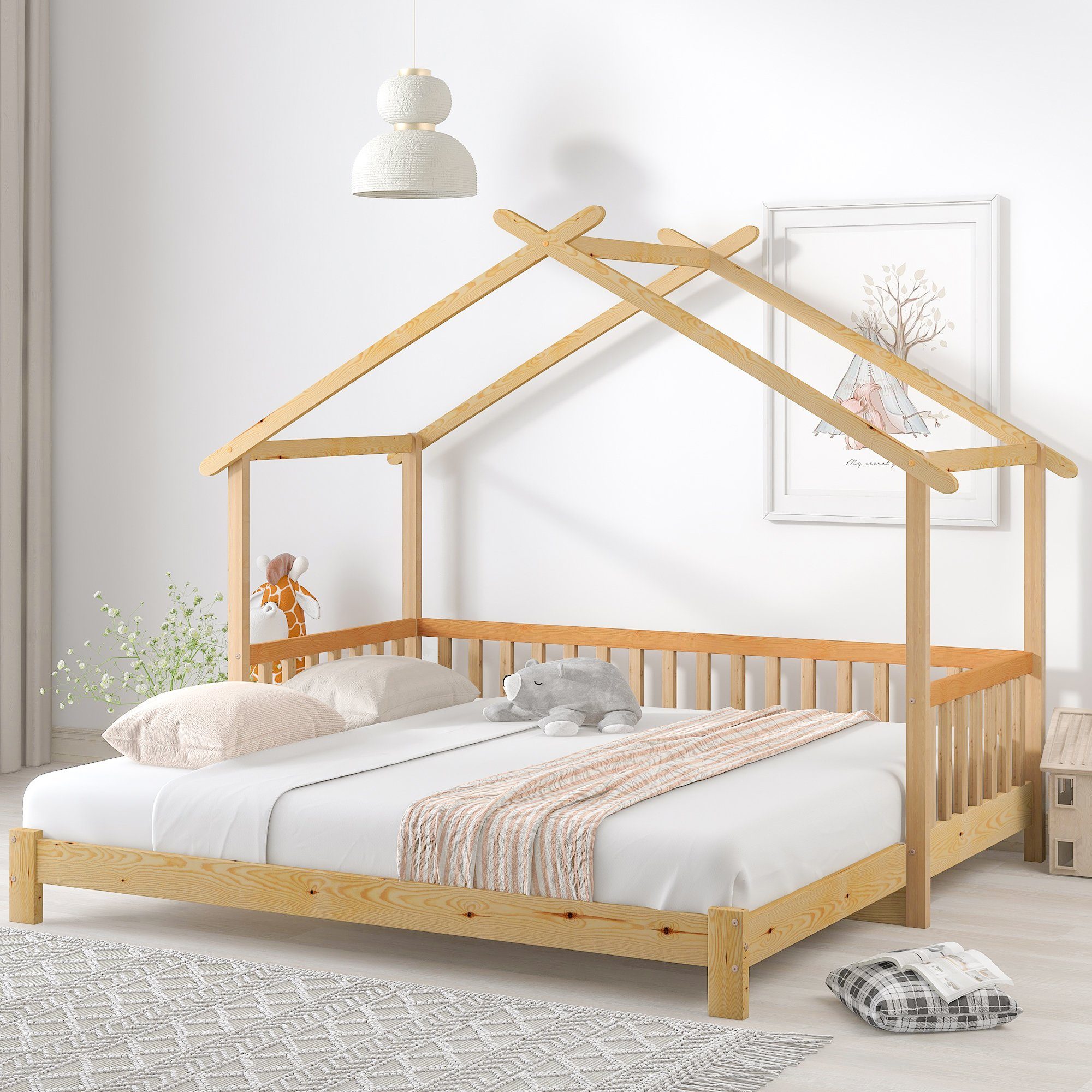 Sweiko Hausbett, Kinderbett mit Rausfallschutz, Ausziehbares Bett, Kiefer,  90*200cm