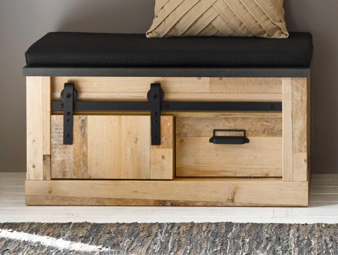 Furn.Design Schuhbank Stove (Garderobenbank in Used Wood Vintage, 93 x 46 cm), mit Schiebetür