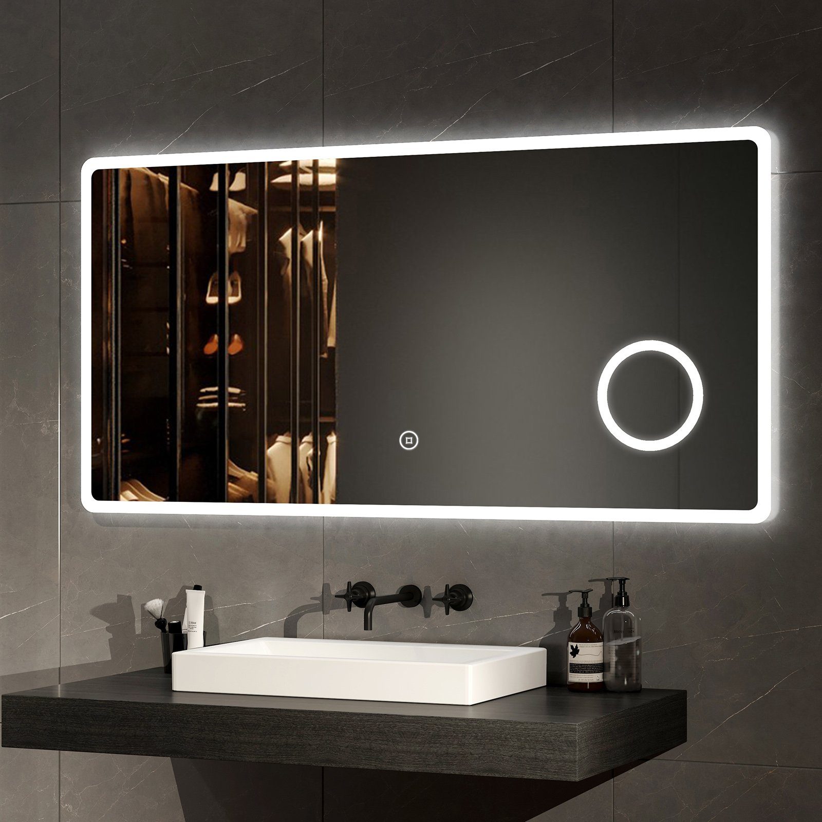 EMKE Badspiegel Badspiegel mit Beleuchtung LED Wandspiegel Badezimmerspiegel, mit 3-fach Vergrößerung, Kaltweißes Licht (Modell M)