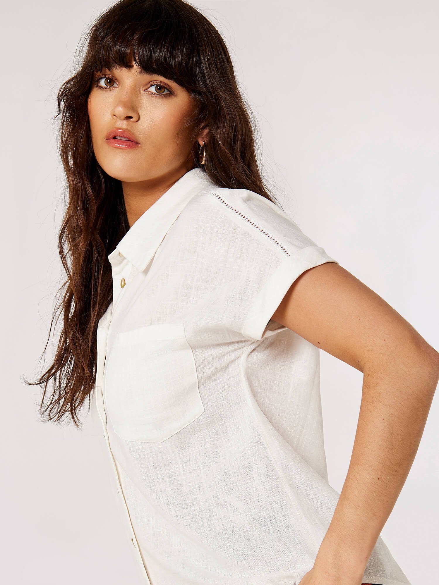 Apricot Klassische Bluse Leinenhemd mit Knöpfen mit Umschlagärmeln