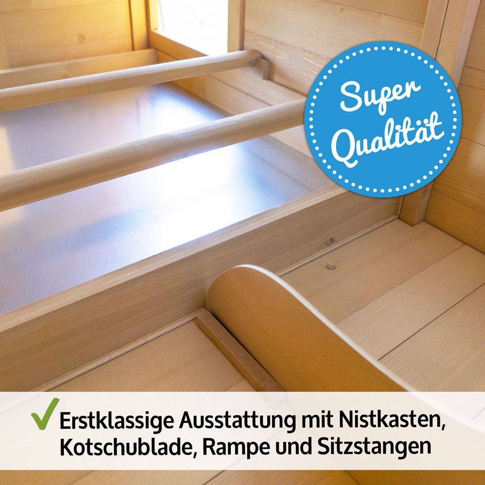 Zooprinz Hühnerstall Komfort XXL mit Freilauf 205x118x75 cm (BxHxT), Kiefernholz, Hühnerrampe, Nistkasten, Klappdach