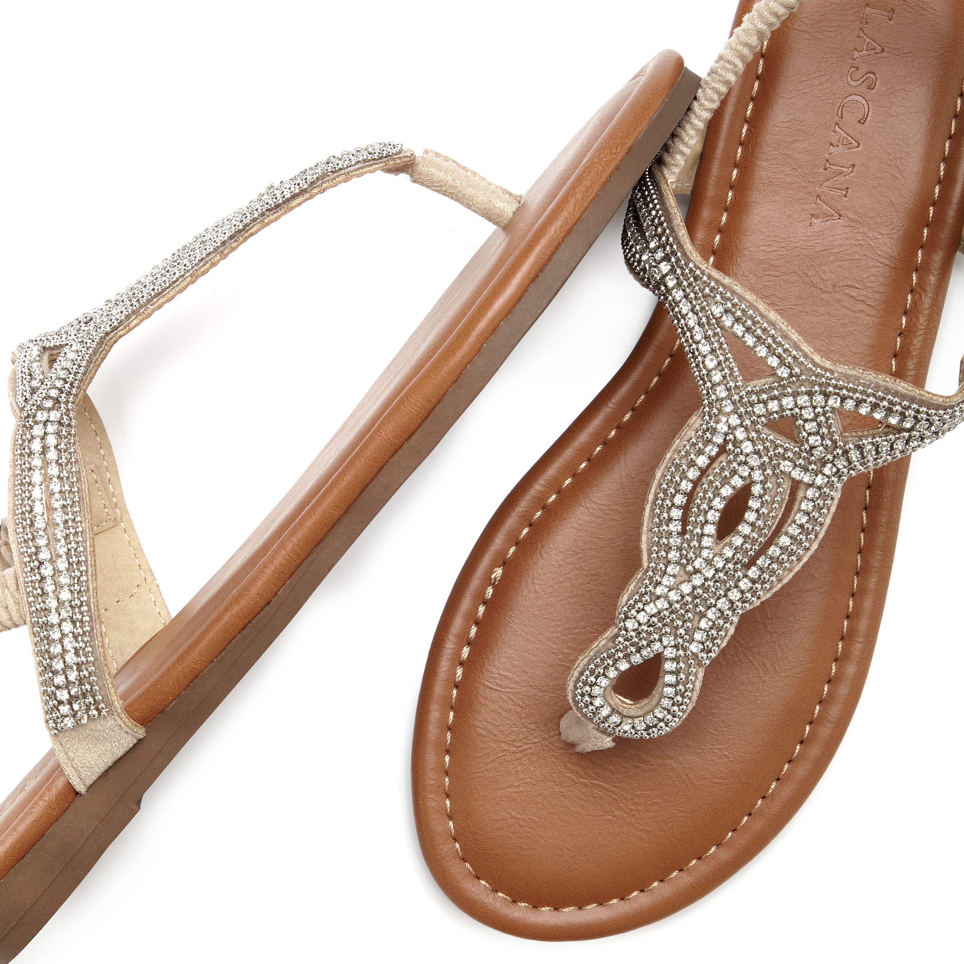 LASCANA Sommerschuh, offener Schuh, Zehentrenner Sandale, Pantolette mit Schmucksteinen in Glitzer-Optik VEGAN