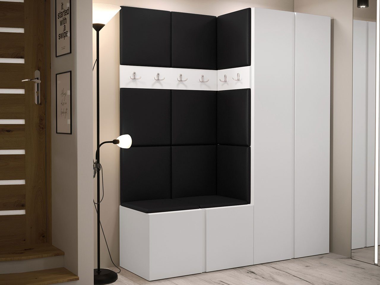 MIRJAN24 Garderoben-Set Orion III, (Komplett-Set, Kleiderschrank, Schuhschrank, 2x Kleiderhakenbrett, Paneel 11x 42x42), Auswahl aus Fronten und Polsterplatten